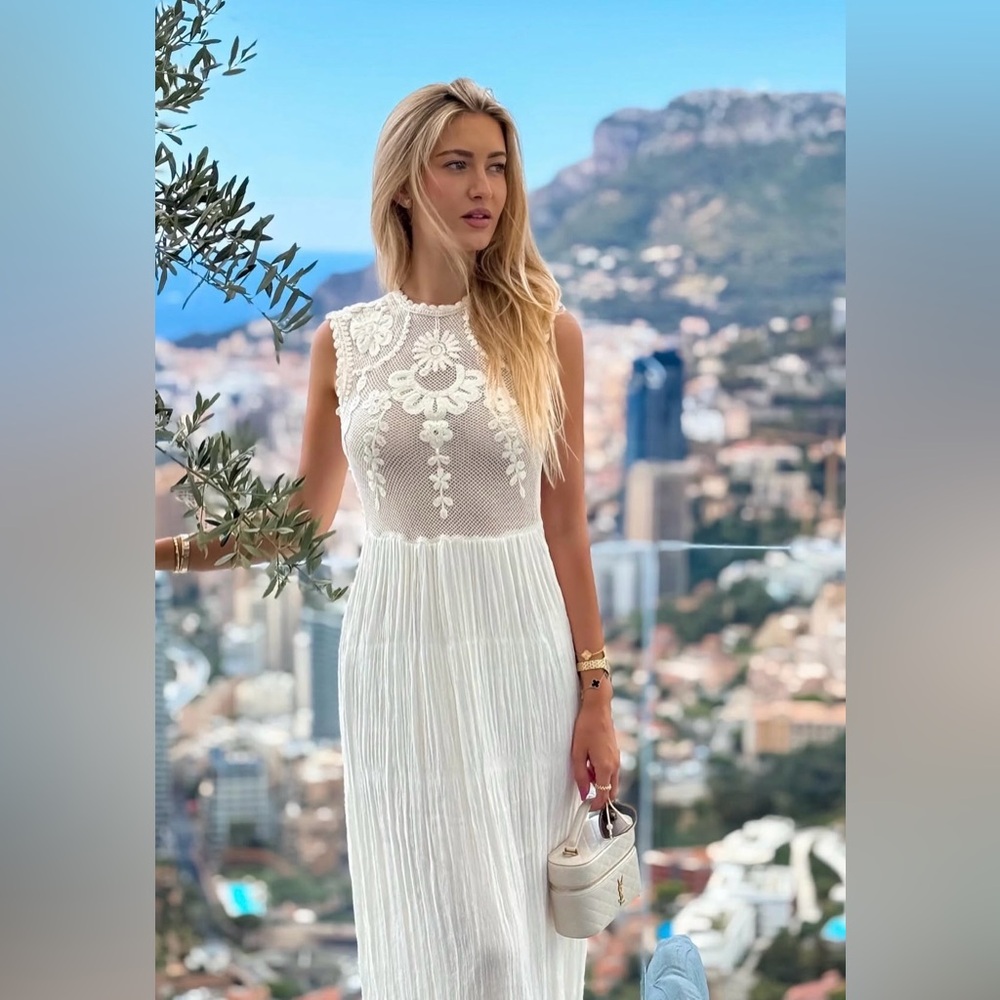 Zara NWT Ivory Lace Embroidered Crochet Combination Pleated Midi Dress (Medium)